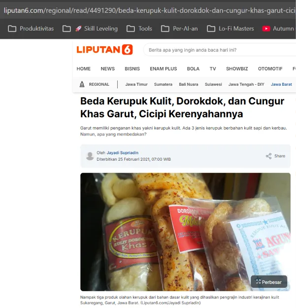 Liputan Liputan6: Beda Kerupuk Kulit, Dorokdok, dan Jaat Khas Garut, Cicipi Kerenyahannya